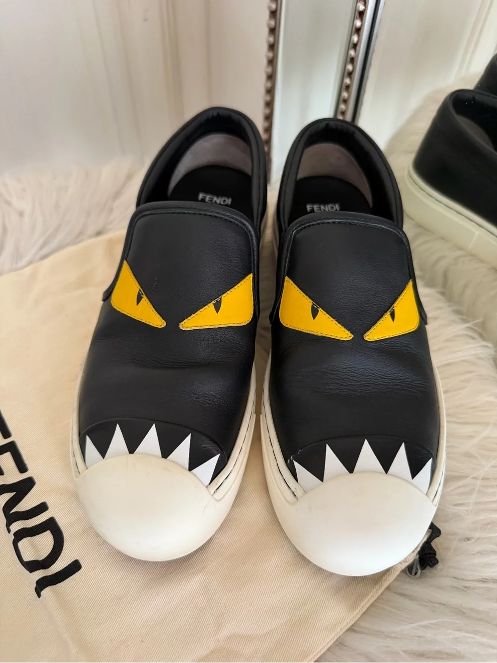 Fendi Monster Eyes Leather Slip-On Sneakers size 37